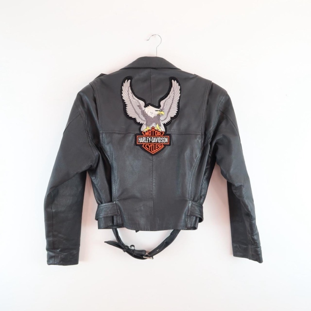 y2k harley davidson black leather jacket eagle graphic cropped moto 2000s - Picture 6 of 7
